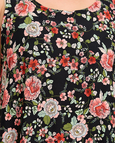 Asymmetrisches schwarzes Damenkleid mit roten Blumen- Kleidung