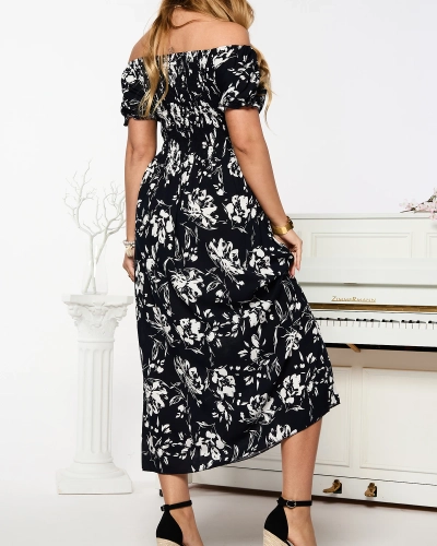 Schwarzes Damen-Midikleid mit floralem Muster - Kleidung