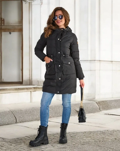 Schwarze lange Winterjacke für Damen mit synthetischer Isolierung - Kleidung