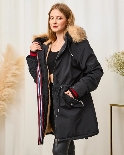 Schwarze Damen-Winterjacke mit elastischem Bund - Kleidung