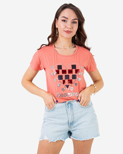 Korallenfarbenes Damen-T-Shirt mit Aufdruck - Kleidung