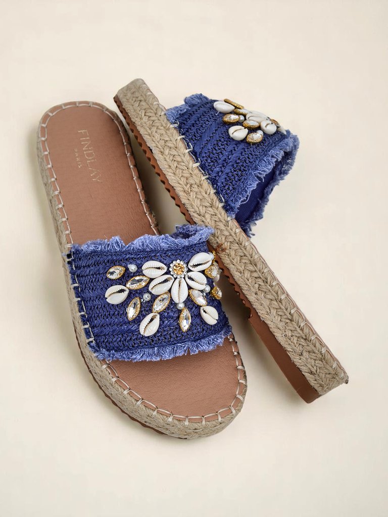 Sommerliche Royalfashion Calista Pantoletten – hellblau mit Muscheln auf flacher Sohle