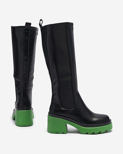 Чорні жіночі чоботи на суцільній зеленій підошві Beriwa - Взуття