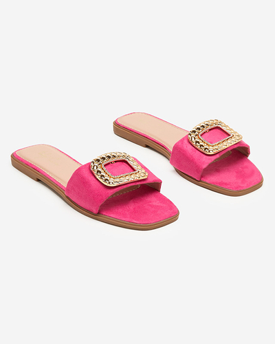 OUTLET Öko-Wildleder-Hausschuhe für Damen in Fuchsia mit goldener Schnalle Lozi. Schuhwerk