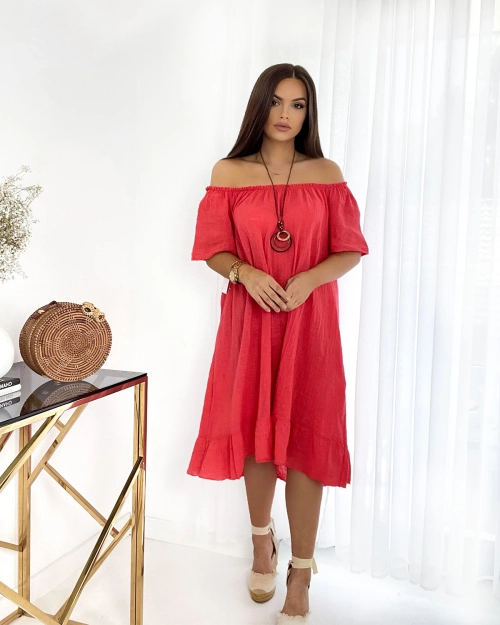 Royalfashion Червона жіноча коротка сукня з намистом