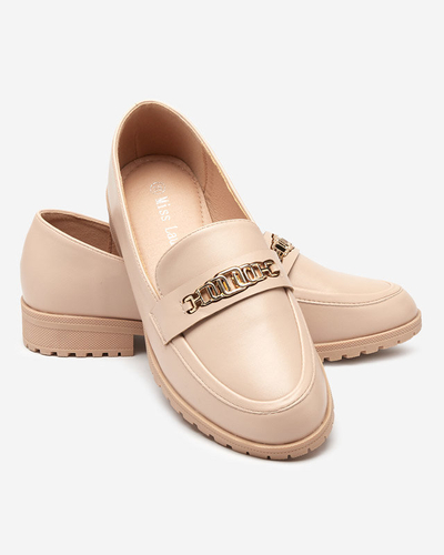Beige Öko-Leder-Loafer für Damen mit Griss-Dekoration - Schuhe