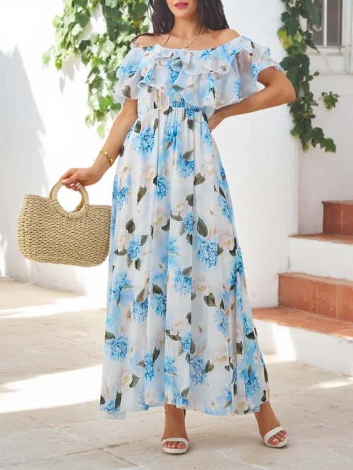 Royalfashion Жіноча сукня з відкритими плечима та короткими рукавами в різних квітах