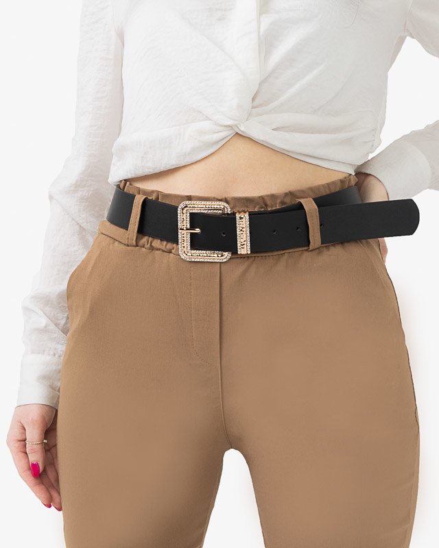 Schwarzer Damengürtel mit goldener Schnalle mit Zirkonia - Accessoires