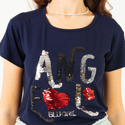 Marineblaues Damen-T-Shirt mit Paillettenaufschrift - Kleidung