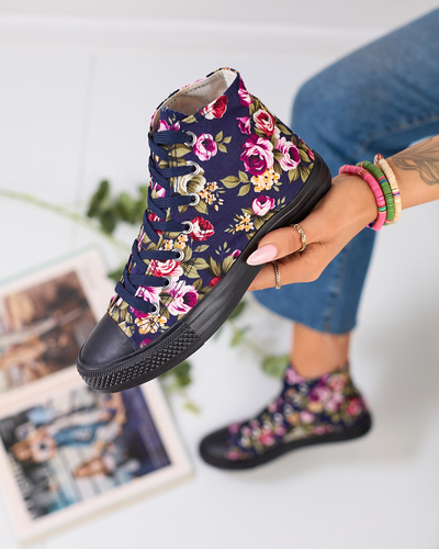 Royalfashion Damen hohe marineblaue Sneakers mit bunten Blumen Soxic