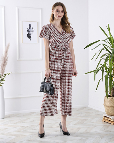 Gemusterter langer Damen-Overall mit Bindeband in Rot- Kleidung