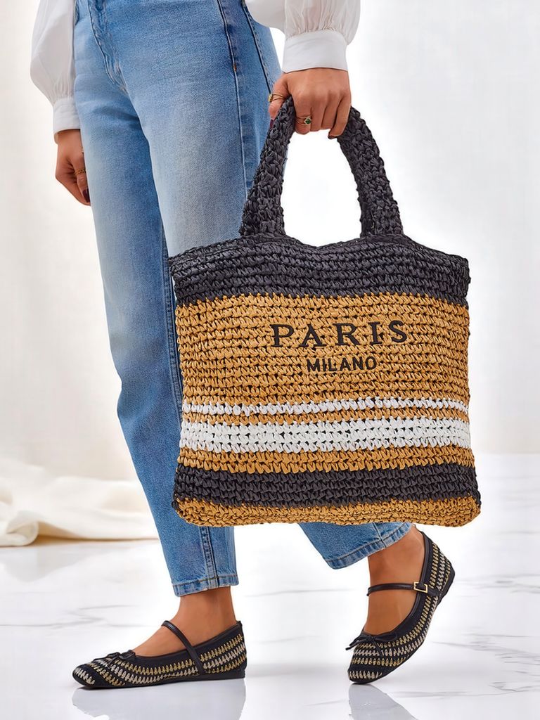 Royalfashion Große Strohtasche für Damen Paris Streifen