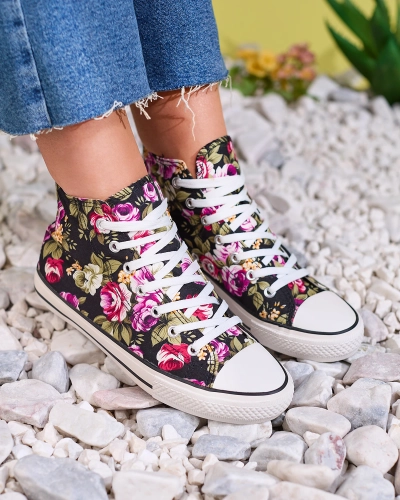 Royalfashion Schwarze Damen-Sneaker mit Blumenmuster Soxic