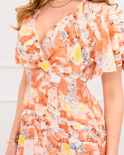 Orangefarbenes, langes Damenkleid mit modischem Muster - Kleidung