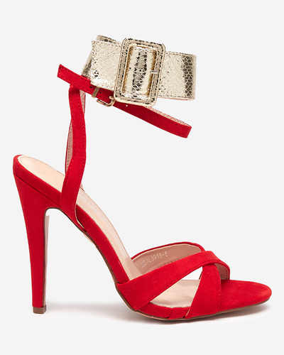 Damensandalen auf hohem Absatz in Rot mit Goldstreifen Magnessias - Schuhe