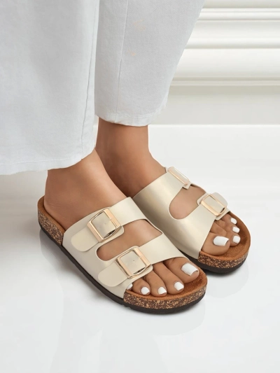 Damen Sandalen Royalfashion Aurelia gold – flache Pantoletten aus Öko-Leder (Größe 39)