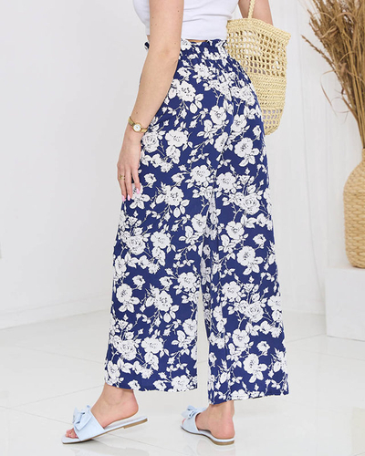 Marineblaue Palazzohose mit Blumenmuster - Kleidung