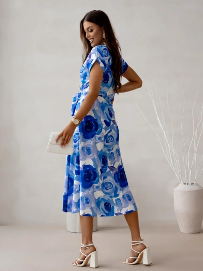 Royalfashion Damen-Midikleid mit kurzen Ärmeln, Wickelausschnitt in Rosen