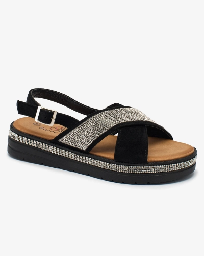 Royalfashion Schwarze Damen-Sandalen aus Öko-Wildleder mit Zirkonen Trikys