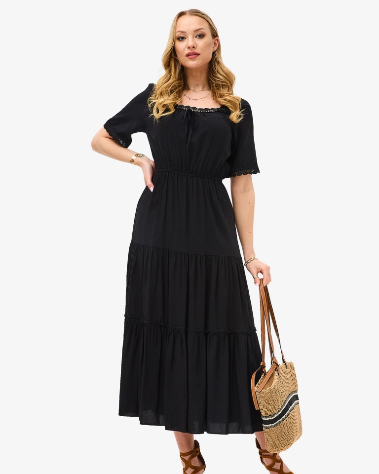 Schwarzes langes Damenkleid mit kurzen Ärmeln- Kleidung