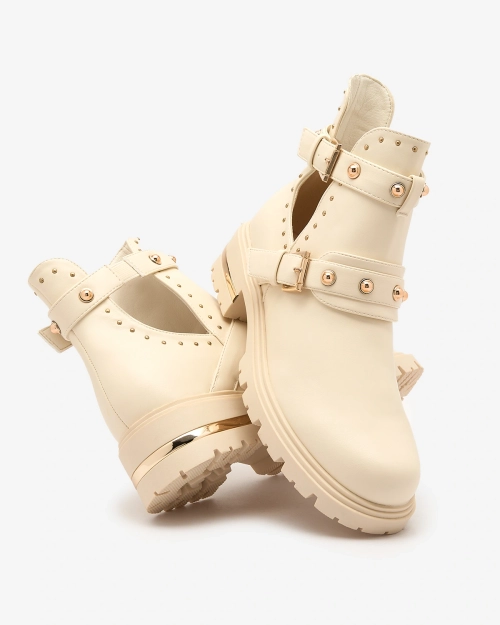 Чоботи Royalfashion Cream жіночі з декором Jewel Walk на плоскому каблуці