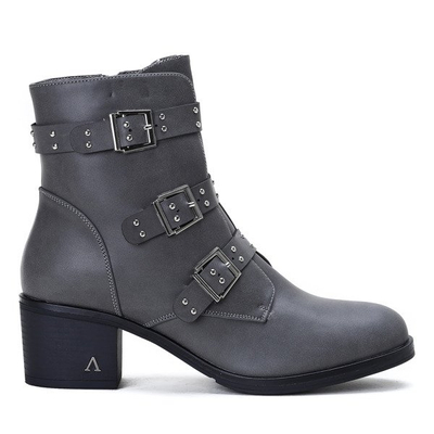Graue Stiefel auf einem niedrigen Pfosten mit dekorativen Schnallen Aline - Footwear