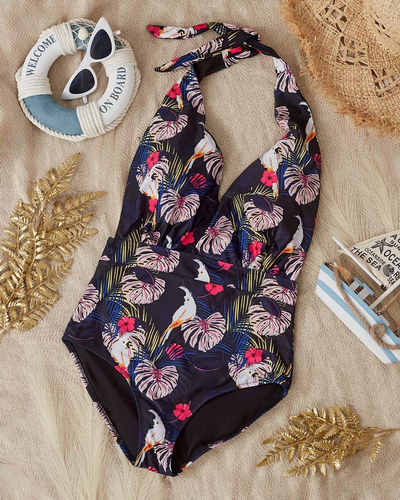 Чорно-рожевий суцільний жіночий купальник з візерунком - Одяг