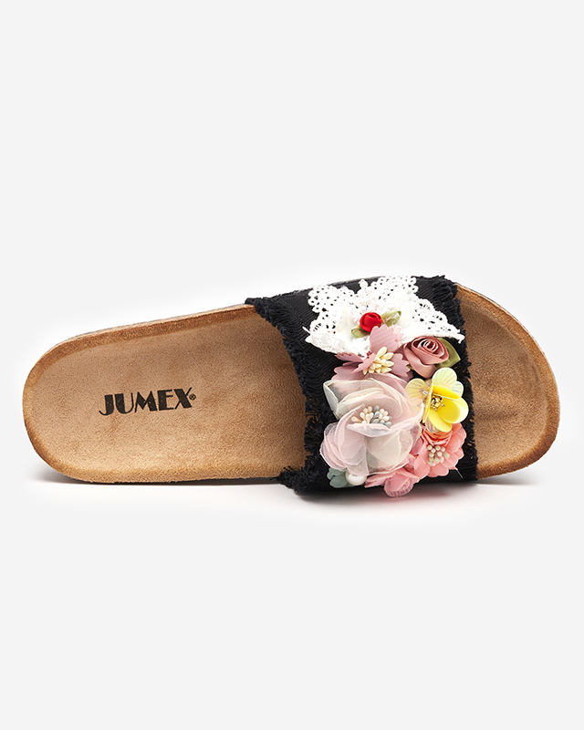 OUTLET Damenhausschuhe mit Stoffblumen in schwarz Ososi-Schuhe