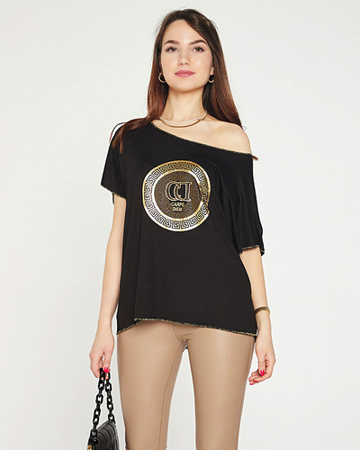 Schwarzes Damen-T-Shirt mit Golddruck und Zirkonia - Kleidung