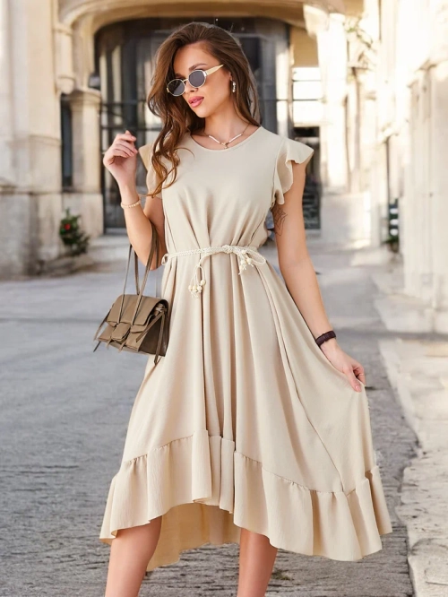 Royalfashion Жіноча міді-сукня з рюшами та короткими рукавами