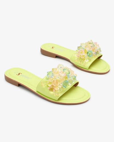 Royalfashion Neongrüne Damen Flip-Flops mit bunten Kristallen Bling Breeze