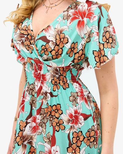 Mintfarbenes Damen-Midikleid mit Blumenmuster - Kleidung