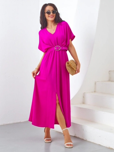 Royalfashion Damen Midi-Kleid mit kurzen Ärmeln, V-Ausschnitt und einem zentralen Schlitz