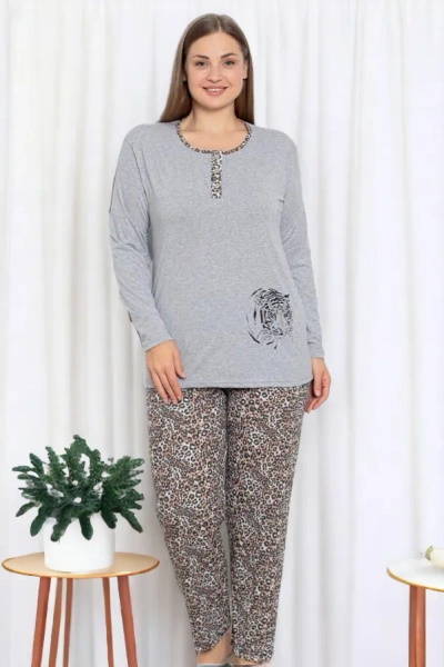Royalfashion Graue Damen 2-teilige Leopardenmuster Pyjamas IN GROßEN GRÖSSEN