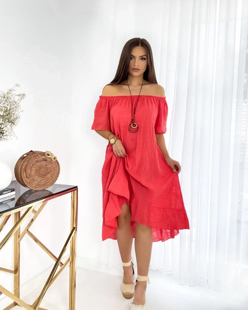 Royalfashion Червона жіноча коротка сукня з намистом