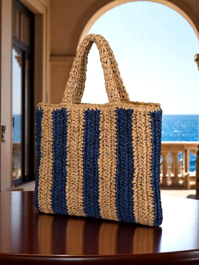 Royalfashion Große Strohtasche für Damen, Strohstreifen