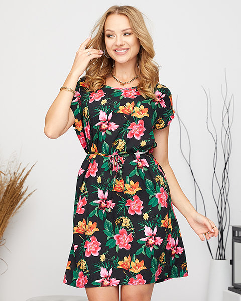 Schwarzes Sommerkleid für Damen mit bunten Blumen - Kleidung