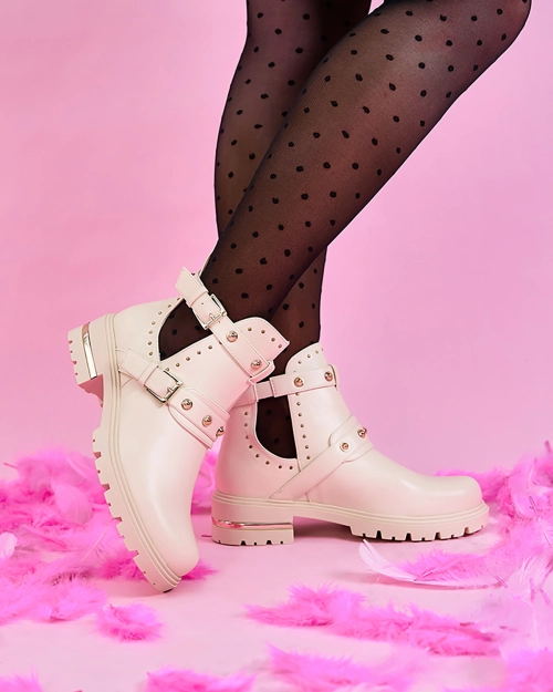 Чоботи Royalfashion Cream жіночі з декором Jewel Walk на плоскому каблуці