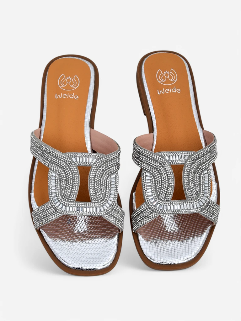 Silberne Royalfashion Ariadne Sandalen - flacher Absatz, Öko-Leder