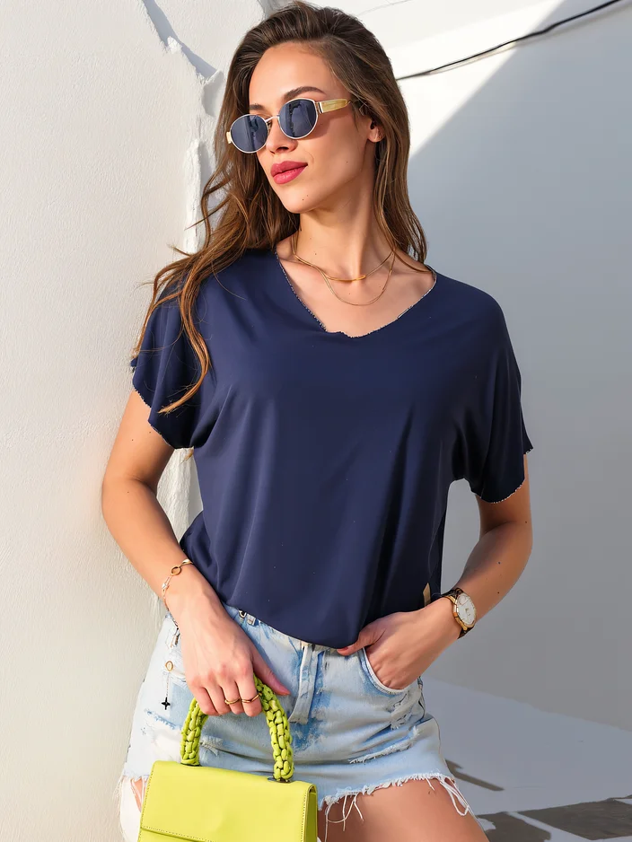 Royalfashion Damen Viskosebluse mit kurzen Ärmeln und Glitzerfinish