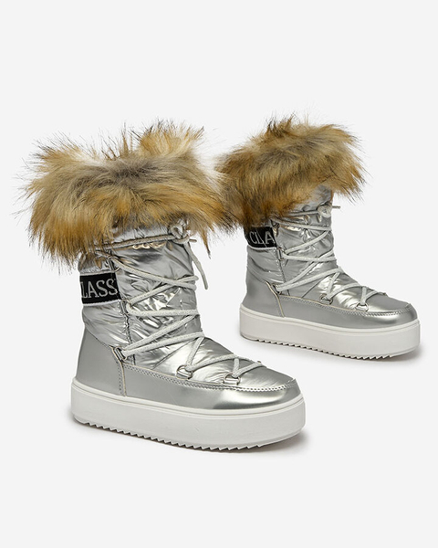 Royalfashion Kinder Schlupfschuhe a'la Schneestiefel mit Fell in silber Asika