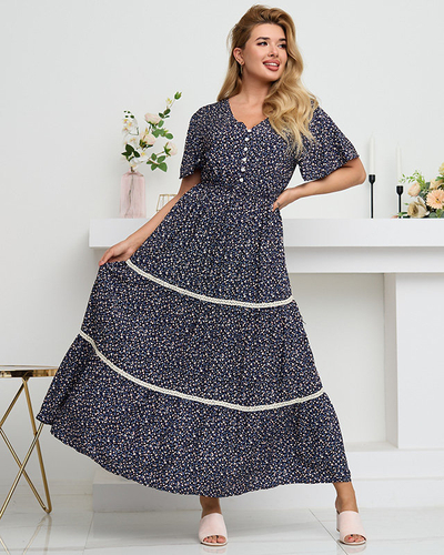 Marineblaues Maxikleid mit ausgestelltem Blumenmuster - Kleidung