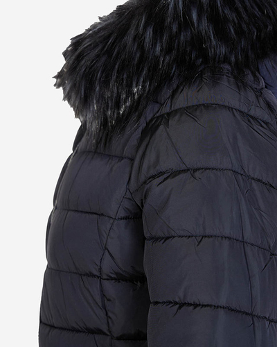 Marineblaue Damen-Steppjacke mit Kapuze und Pelz- Kleidung