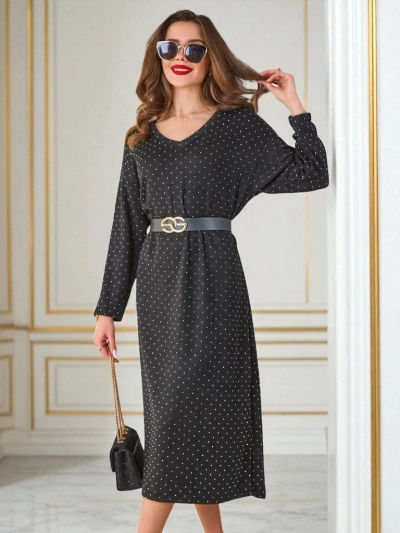 Midikleid Penelope nero mit langen Ärmeln und feinen Punkten, elegant