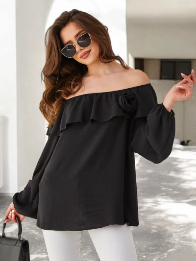 Royalfashion Damen Bluse mit schulterfreiem Design, Rüsche und Blumen