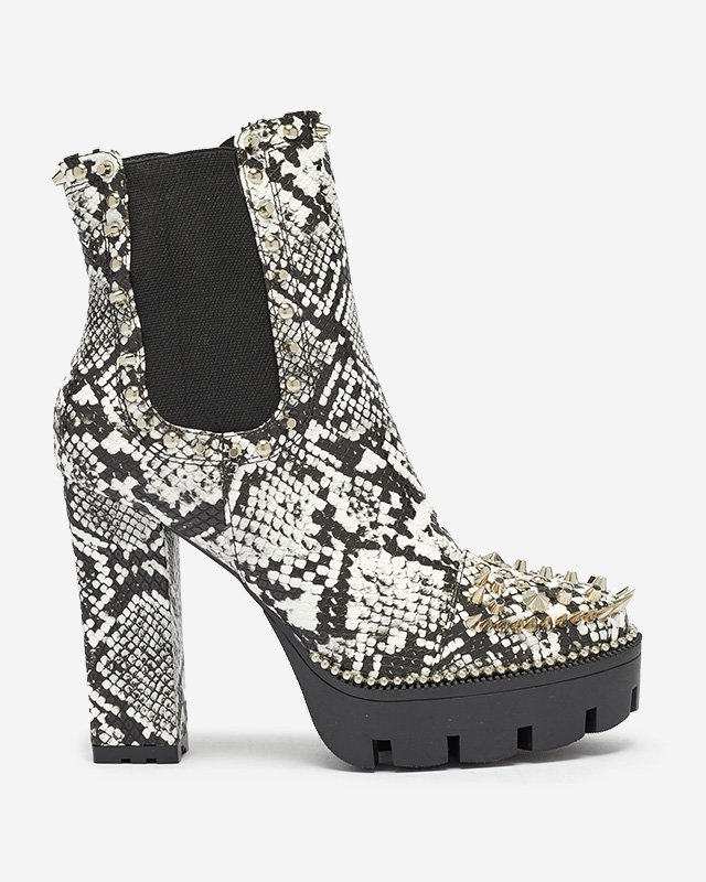 Schwarz-weiße, isolierte, verzierte und geprägte Damenstiefel Tegis - Footwear