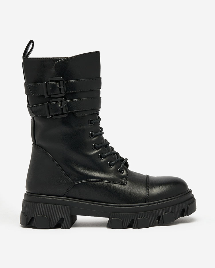 Royalfashion Eco Leder Damen Baggerstiefel in schwarz Faserti