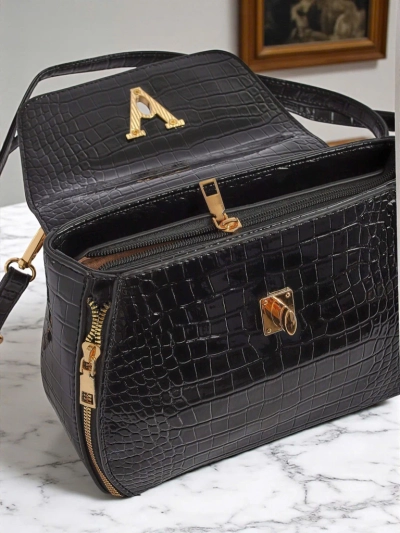 Schwarze Damenhandtasche Vespera Classico Öko-Wildleder und Lackleder