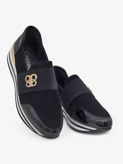 Damen Slip-Ons Elektra Nero mit goldenem Akzent, Öko-Leder, 3,5cm