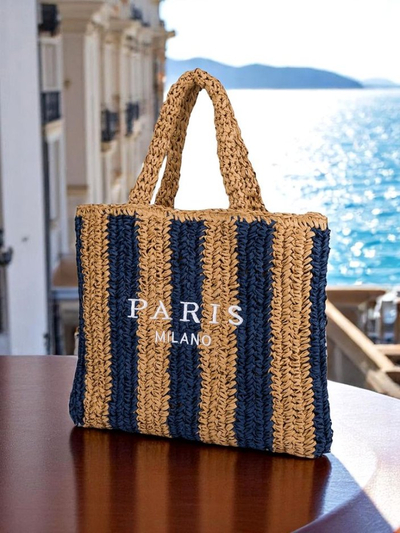 Royalfashion Große Strohtasche für Damen, Strohstreifen